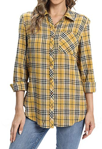 fuinloth Blusas y Camisas para Mujer Camisa Cuadros Abrigo Franela Manga Larga Botones Blusa con Cuello en V Giallo XS 34-36