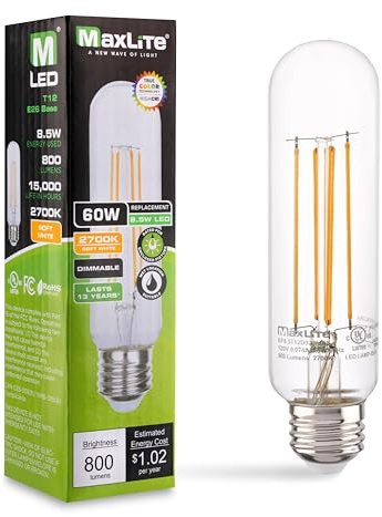 Maxlite EF8.5T12D927/JA8 Enclosed LED Filament Lamp, Clear Edison Style T12 Bulb, 8.5W, 800lm, 2700K, E26 Base, Dimmable, 120V, Lamps for Living Room, 15,000 Hour Life, 3-Year Warranty, LED Lights