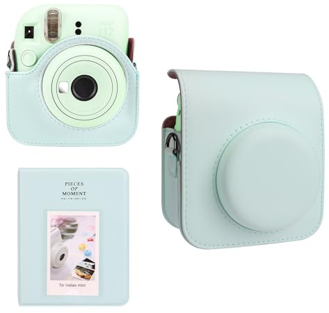 Meetikar Étui pour appareil photo et album photo de 64 poches, compatible avec appareil photo instantané Fujifilm Instax Mini 12, en cuir synthétique, avec bandoulière réglable et album photo, vert