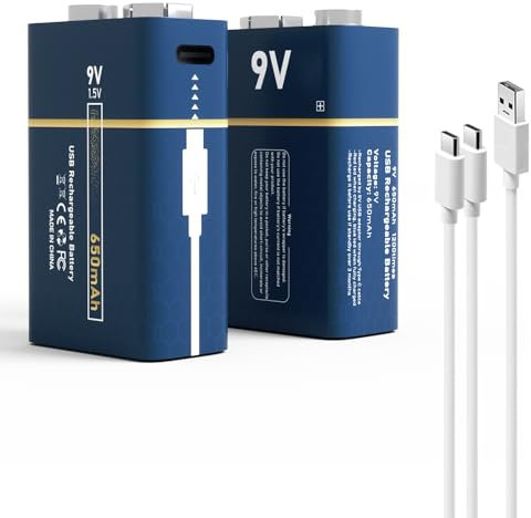 Kamnnor Wiederaufladbare 9V Lithium-Batterien, USB-C Wiederaufladbare Li-Ion Akkus 9V Batterie 650mAh mit 2 in 1 Typ C Ladekabel, Schnellladung in 1,5 Stunden,1200-mal Zyklusaufladung, 2 Stück