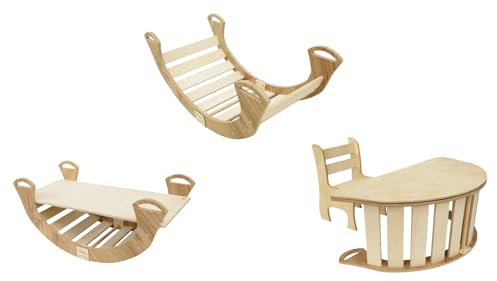 Skyline Balancelles Bascule Enfant Montessori Bebe 1 an Escalade Arche en Bois Mur descalade meble Arc à Grimper Bascule d'équilibre Portique 5in1 d'escalade Bureau et Chaise avec Toboggan M chêne