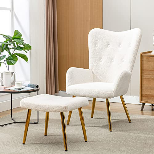 Relaxsessel mit Hocker, Lehnstühle Sessel Teddy-Fleece Loungesessel Polsterstuhl Akzent Stuhl mit Golden Beine, Fernsehsessel Lesesessel für Schlafzimmer, Wohnzimmer, Weiß