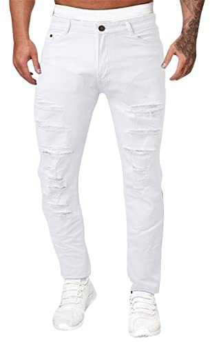 Jeans Herren Weiß Regular Straight Fit Denim Hose Stretch mit Löcher Destroyed Mode Jeans Skinny Ripped Slim Fit Hip Hop Hose Klassisch Freizeithose Fashion Ripped Jeans Arbeitshose