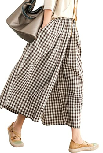 chouyatou Pantalon en coton et lin pour femme - Taille élastique - Motif vichy - Jambe large - Capri Palazzo, café, Taille XL
