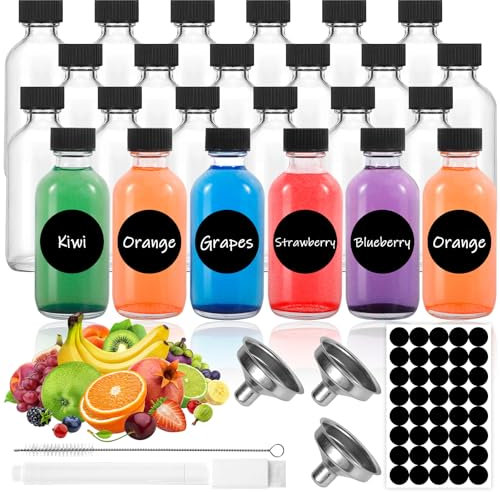 MWZEAUL 24 Pezzi Bottigliette di Vetro Piccole, 60ml Bottiglie Liquore Mignon di Riutilizzabili, con Senza Perdite di Tappo, MIni Bottiglie Vetro per Alcolici, Succhi di Frutta, Olio, Zenzero