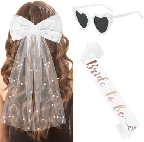 Augesak Set Despedida de Soltera Decoración Accessorios, Velo Novia Despedida Soltera, Novia Satin Sash, Gafas de Sol Corazon de Perla Blanca, Bride to Be Adorno Hen Night