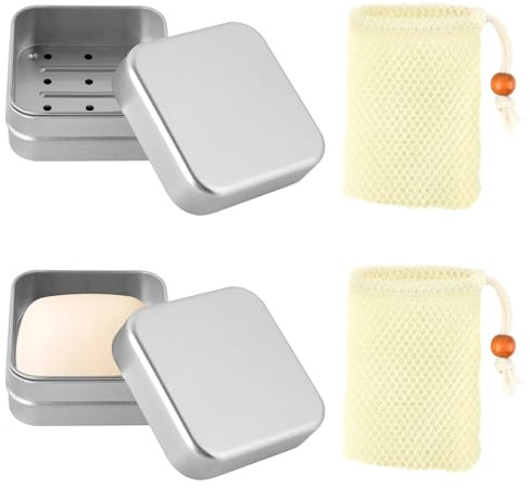 2 stycken tvålburkar i aluminium för resor (med 2 gula tvålpåsar), fuktbeständig tvålbox med droppställ, tvålskål resa för fast tvål, förvaring av mediciner, godis