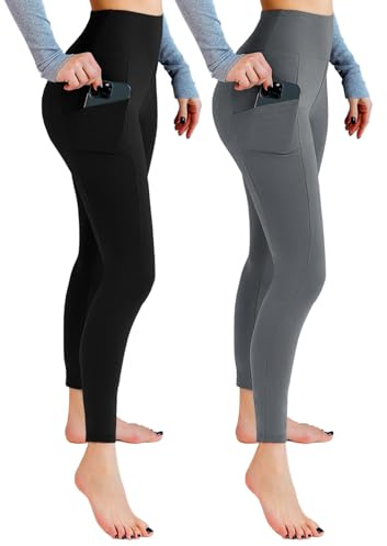 Leafigure Lot de 2 Leggings de Sport Opaques Taille Haute avec Poches pour entraînement, Sport, Yoga, Course à Pied, Lot de 2 Noir/Gris, S-M