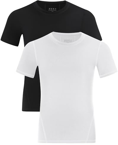 Poekuao 2 Pack Boys Compression Shirt Short Sleeve Youth Athletic Undershirt Kids Quick Dry Base Layer T-Shirt for Football Basketball Baseball Black+White L