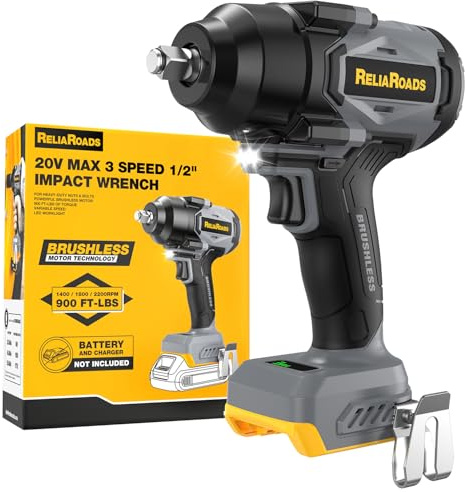ReliaRoads 900 Ft-lbs Cordless Impact Wrench, 1/2 Inch Impact Gun Compatible DeWALT 20V MAX Battery, Brushless Constant High Torque Impact Driver with 3 Speed, Tool Only (No Battery Included)
