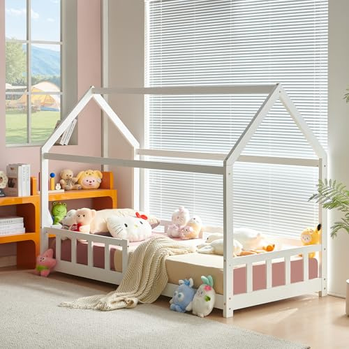 FetiNes Lit Cabane Enfants 90x200 cm lit de Sol avec Protection Contre Les Chutes & sommier Montessori lit à barreaux Enfants, Bois Massif Pin, Blanc