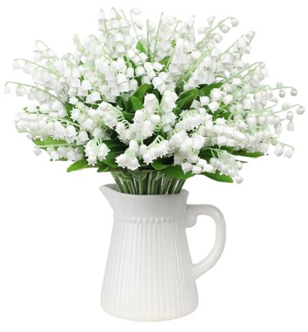 Mokylor 20 flores artificiales de lirios del valle, flores de campana blancas sintéticas de 13.8 pulgadas, campanillas de viento, orquídeas, relleno de florero, ramo de boda, flores de mayo para el
