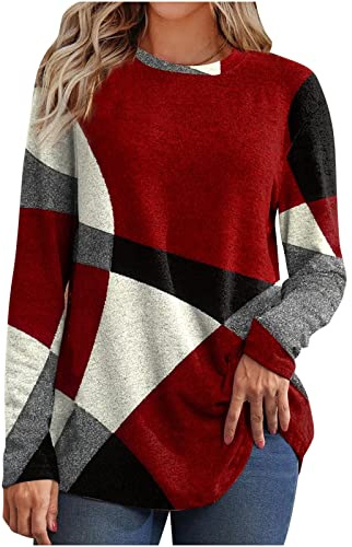 AEGJEGVD Pull Long Femme Hiver Chaud Chic et élégant Imprimé Patchwork Sweatshirt à Manches Longues Décontractés Tunique Sweat Pullover Haut Tops Pull en Cachemire Ample T-Shirts, Tops et Chemisiers