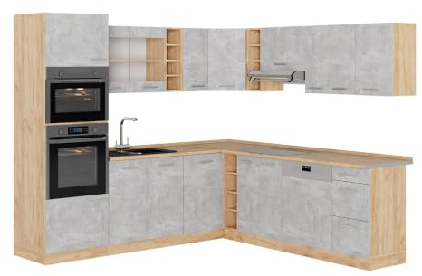 Vicco Hörnkök R-Line, betong/Goldkraft ek, 247 x 237 cm, AP Oak, för individuell konfiguration och utbyggnad med ytterligare moduler