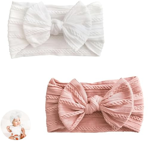 2 PCS Newborn Baby Hair Bows Headbands, Baby Girl Headbands 6-12 Months, For Babies Newborn Girl Infant Toddle(White/Pink)