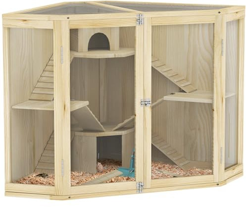 PawHut Hamsterkäfig aus Holz, Nagerkäfig mit 4 Ebenen, Hütten, Wippe, Kleintierstall mit Fütterungsstation, Rampe, Kleintierkäfig Mäusekäfig für Zwerg- und Syrische Hamster, 115 x 69,5 x 79 cm
