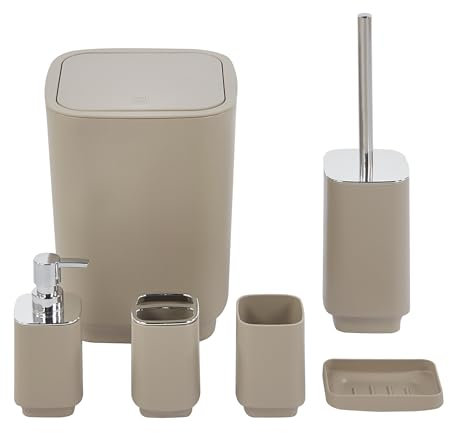 Set Completo Accessori Bagno 6 Pezzi Design Moderno In Plastica Resistente Con Finiture Lucide Incluso Cestino Pattumiera,Dispenser Sapone, PortaSaponetta, Porta Spazzolini, Portascopino - Caffe