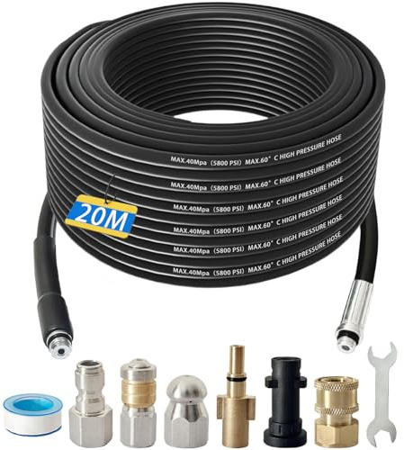 20M Kink Resistant Pressure Washer Drain Pipe Hose Cleaning Kit with 2 Types Jet Nozzle & 4 Replacement Adapters, 5800 PSI Sewer Jetting Hose Cleaning Kit Compatible with Karcher K2-K7 and Bosch AQT