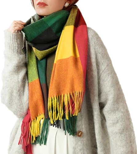 Chalier Fashion Écharpe Femme Carreaux Foulard Châle Douce d'Hiver Femme Chaude Longue Écharpe Motif à Carreuaux Vintage Multicolore