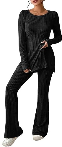 Conjuntos de chándal para Mujer Tejido Dos Piezas Cuello Redondo diseño Elegante cómodo Deporte Moda Casual pantalón con Abertura