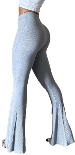 JEPWUT High Rise Ribbed Flare Leggings for Women | Comfy Stretch Knit Bell Bottom Yoga Pants, Long Slacks Trousers (US, Alpha, Medium, Regular, Regular, Gray)