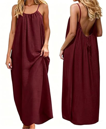 Summer Dresses for Women Sexy Spaghetti Strap Cami Solid Backless Loose Maxi Long Vacation Dress Back Tie