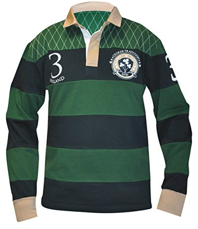 CROKER Traditional Green and Navy Striped Rugby Jersey, Large - Cotton Long Sleeve Polo Shirt