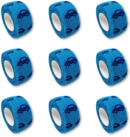 Kit de 9 pansements EKNA pour enfant - Pour les doigts - Sans colle - Motif au choix - 2,5 cm x 4,5 m - Élastique, imperméable et cohésif, Auto blau