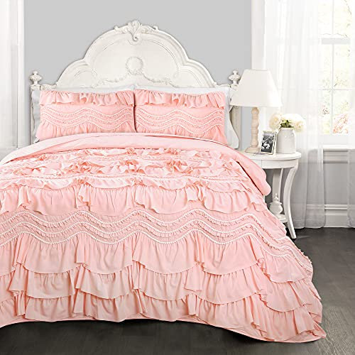 Lush Decor, Kemmy Quilt, set di biancheria da letto con volant testurizzato, 3 pezzi, per letto matrimoniale queen, pesca/rosa cipria