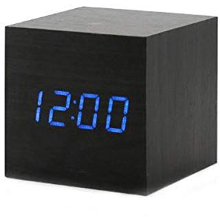 ThreeH Sveglia digitale a LED portatile, mini orologio silenzioso con semplice minimalista campana in legno di baia temperatura calendario attivazione vocale per casa ufficio viaggio AC10 Black_Blue