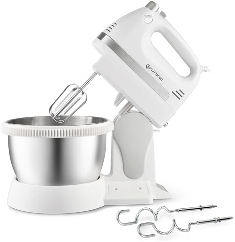 Grunkel - Batidora de Varillas Amasadora para repostería 5 velocidades - AM-350TURB05BOWL - Incluye Bowl y dos varillas diferentes para mezclar y Amasar, Para Panadería y Repostería - Blanco (350W)