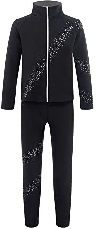 Alvivi Mädchen Eiskunstlauf Anzug Sweatjacke Sweatshirt + Eislaufhose Leggings Eislaufen Tanz Yoga Gym Sportanzug Trainingsanzug Schwarz 146-152