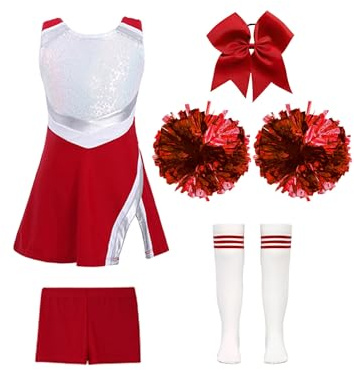 YEAHDOR Kids Girls Cheerleading Costume Cheer Leader Uniform Outfit for Halloween Carnival Festival Sports Games 5pcs Red 8 Years