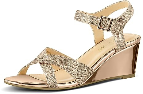 PIZZ ANNU Womens Wedge Sandals Elegant Crossover Ladies Ankle Strap Mid Heel Open Toe Strappy Summer Shoes Champagne Glitter Size 3