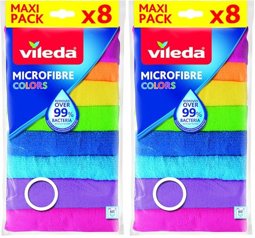 Vileda - Set de 8 bayetas Microfibras Colors, Colores Variados, 30 x 30 cm, 8 Unidades (Paquete de 2)