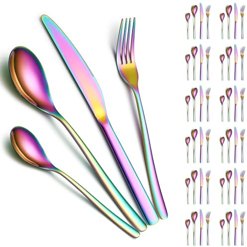 Couverts 48 Pièces Service pour 12, ReaNea Couverts en Placage Titane Arc-en-ciel comprenant Couteaux, Cuillères, Fourchettes, Cuillères à Thé, Lavable au Lave-Vaisselle