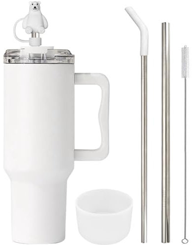 FloweryOcean 1200ml 40oz Kaffeebecher to go,100% Auslaufsicher,Doppelwandiger Vakuum Edelstahl Thermobecher mit Griff und Stroh,Trinkbecher für Heißer, Kalter Getränke,Weiß