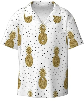 EdWal Chemise boutonnée à manches courtes pour homme, motif ananas à paillettes dorées, coupe ample, pour l'été, la plage, les chemises habillées pour hommes, Noir , L