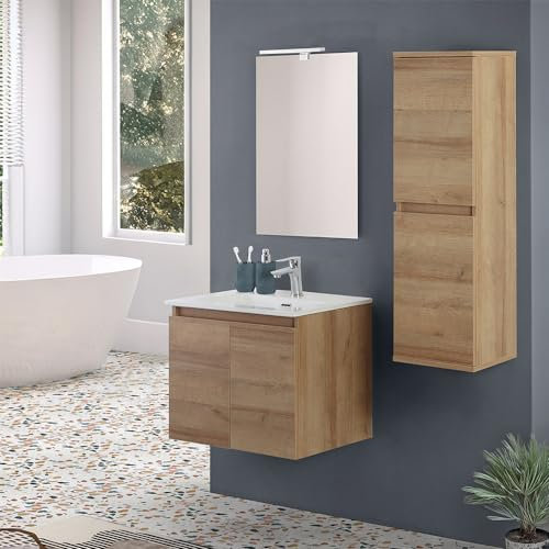 Inbagno Mobile bagno sospeso 60 cm rovere africa con 2 ante soft-close, lavabo in ceramica e specchio reversibile 50x70 cm, KLEO