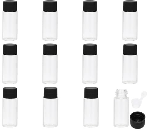 PATIKIL 10 ml flaskor med eteriska oljor, 12-pack genomskinliga glasflaskor med öppningsreducerare, provflaska, smal skruvlock, förvaringsflaskor, svart