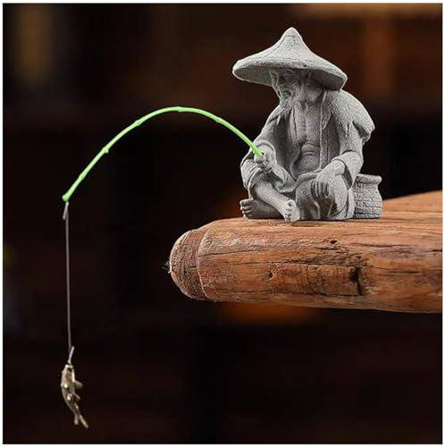 livelyfish Aquarium Fisherman Statue Asian Zen Decoration Sitting Fishing Figurines Sandstone Vintage Ornament for Aquarium Fish Tank Pot Garden Home Japanese Decor (C2)