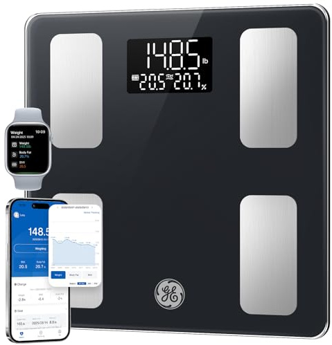 GE Smart Scale for Body Weight: BMI Body Fat Digital Bathroom Scales, 13 Body Composition Monitor Health Analyzer for Home Gym, Bluetooth App Sync, Accurate 400lb Weighing, Black 11inch