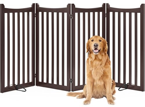 Yaheetech Wooden Dog Gate Indoor, 91 cm H x 202 cm L, 4 Panels, Espresso | Freestanding Pet Fence, Flexible 360°Hinges, 2 Support Feet, for Doorways/Stairs/Halls/Kitchen, for Small & Medium Dogs