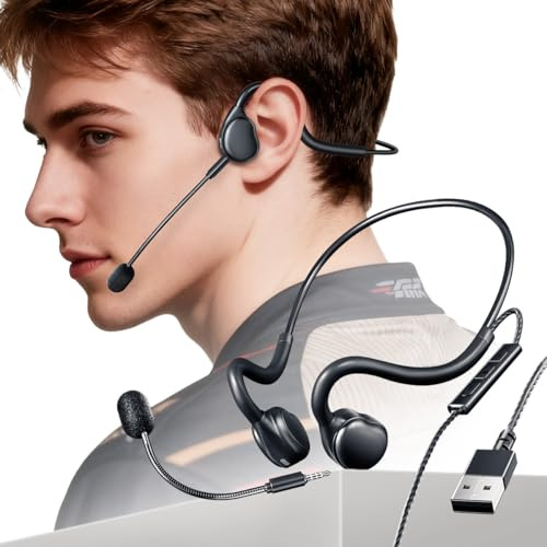 QOEKUEY Öppna öronhörlurar med mikrofon, spelheadset med avtagbar mikrofon, USB-kabel, 2,0 m kabel, inline-kontroller, svart