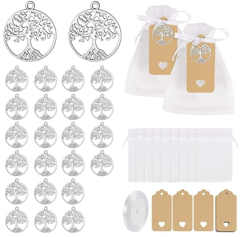 PYEUIFT 24 Stück Lebensbaum Anhänger Set mit 24 Organza Beuteln, 24 Kraftpapier Etiketten & 1 Rolle Band – Gastgeschenke Taufe, Hochzeit, Kommunion, Babyparty, Deko Anhänger Geschenk Mitbringsel