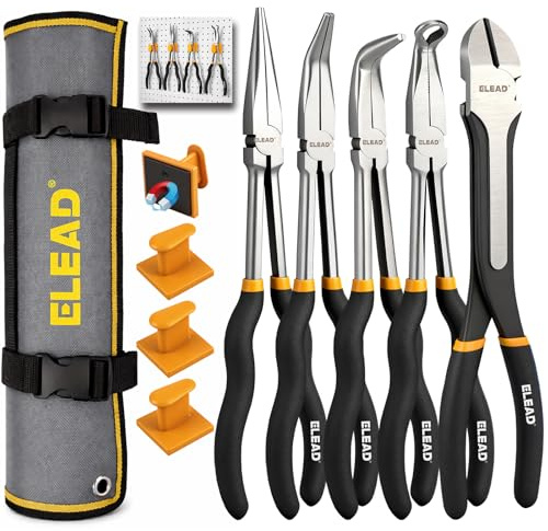 5-Piece 11 Inch Long Needle Nose Pliers Set with 4 Magnetic Plier Racks, Extra Long Reach Pliers Set, 45° & 90° Bent Needle Nose Pliers, Circle Nose and Diagonal Pliers for Tight Spaces