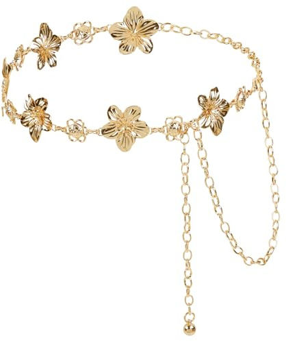 Xecamuvila Ceinture dorée pour femme – Ceinture de taille en métal réglable avec motif de pétales dorés, ceinture chaîne dorée pour robes, chaîne de corps fleur ajourée style vintage, idée cadeau