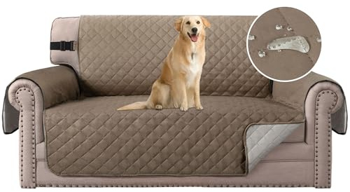 H.Versailtex Water Resistant Sofa Cover 2 Seater Non-Slip Sofa Slipcover with Elastic Straps, Washable Sofa Protector for Kids/Pets/Dogs/Cats Four Seasons Universal (Taupe/Beige)