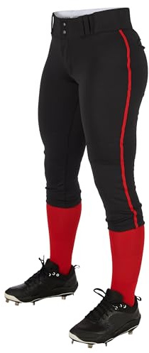 CHAMPRO womens Low-rise Youth Softball With Tournament Traditional Low Rise Pant w/Braid, Black, Scarlet Pipe, Large US