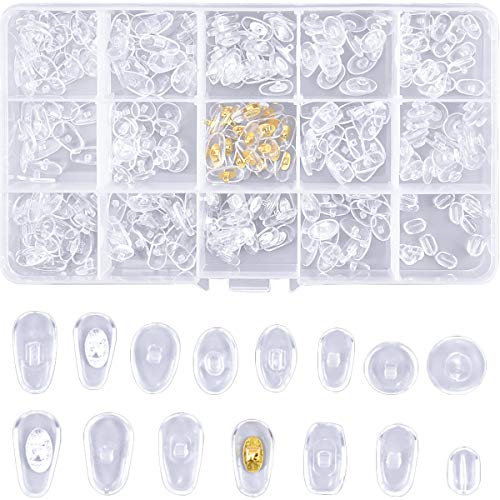 HQdeal 150 Paia Naselli per Occhiali, Antiscivolo Naselli in Morbido Silicone per Occhiali da Sole Occhiali da Vista,Vite Sul Naselli Spingere Su Naselli con Scatola di Plastica(15 Stili,Trasparente)